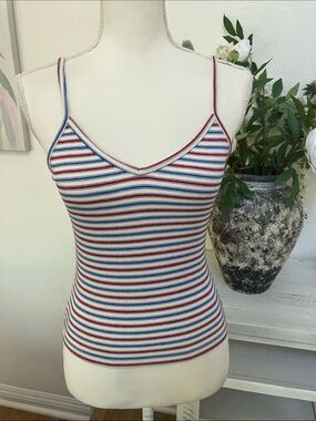 Y2 Wet Seal Ribbed Striped V-Neck Cami Tank Top in White, Red & Blue